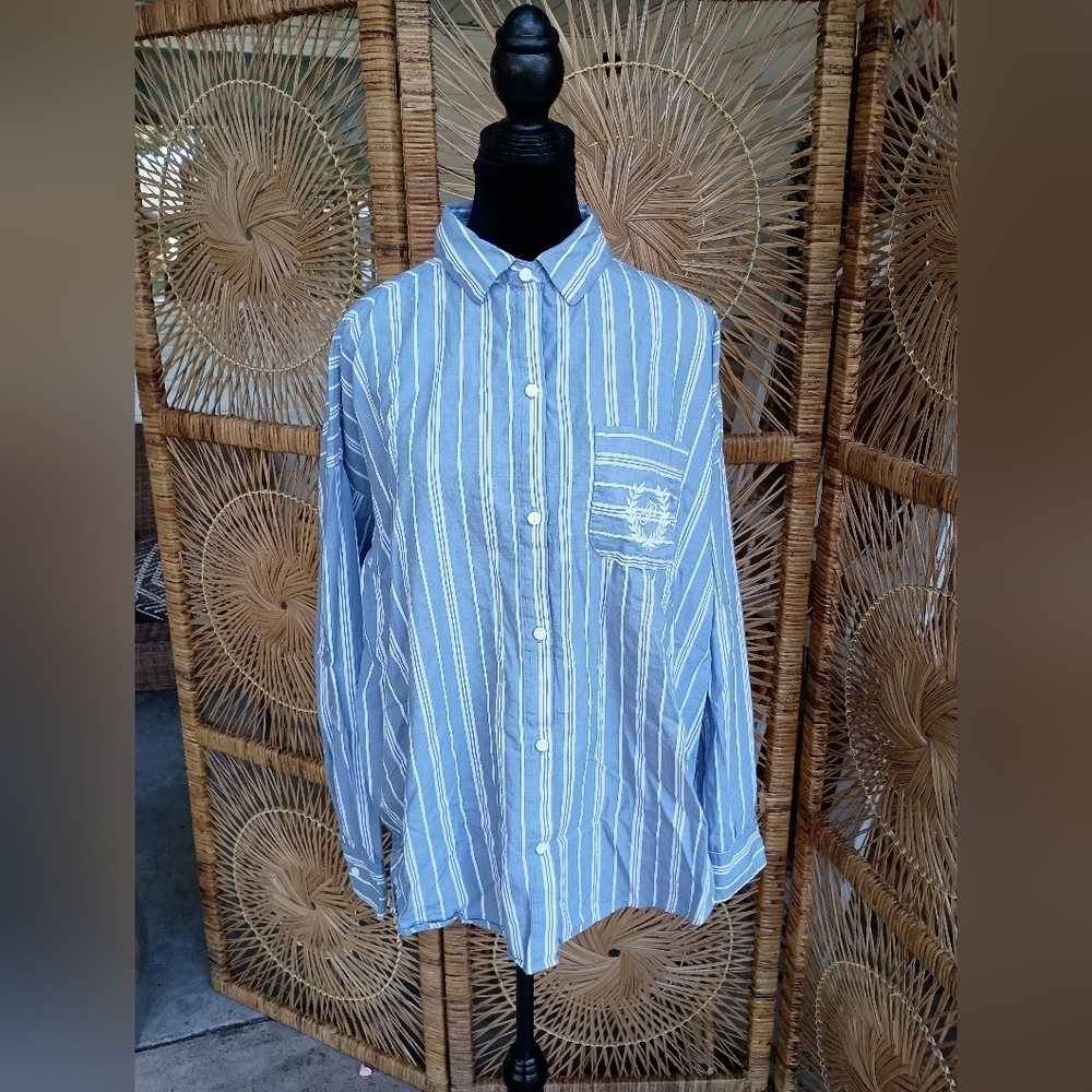 Pink Victoria Secret Blue Striped 100% Cotton Button Up Sleep Shirt_Med